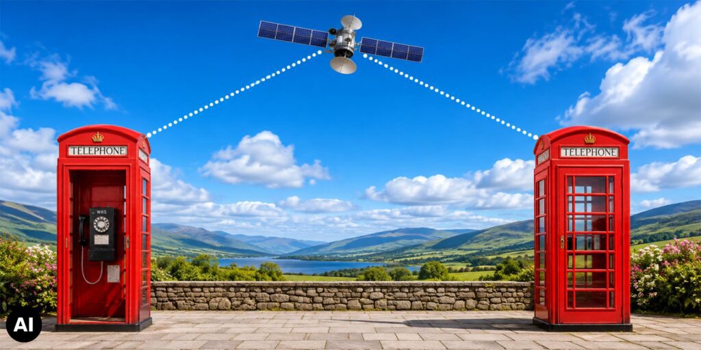Twee rode Britse telefooncellen in een groen heuvellandschap met een meer op de achtergrond. Boven de telefooncellen zweeft een communicatiesatelliet, verbonden met beide cellen door witte stippellijnen.