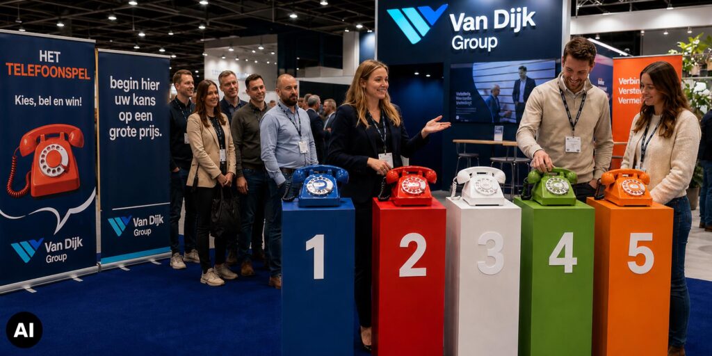 Bezoekers staan in de rij bij de beursstand van Van Dijk Group voor een telefoonspel met vijf gekleurde retro telefoons, genummerd van 1 tot en met 5.