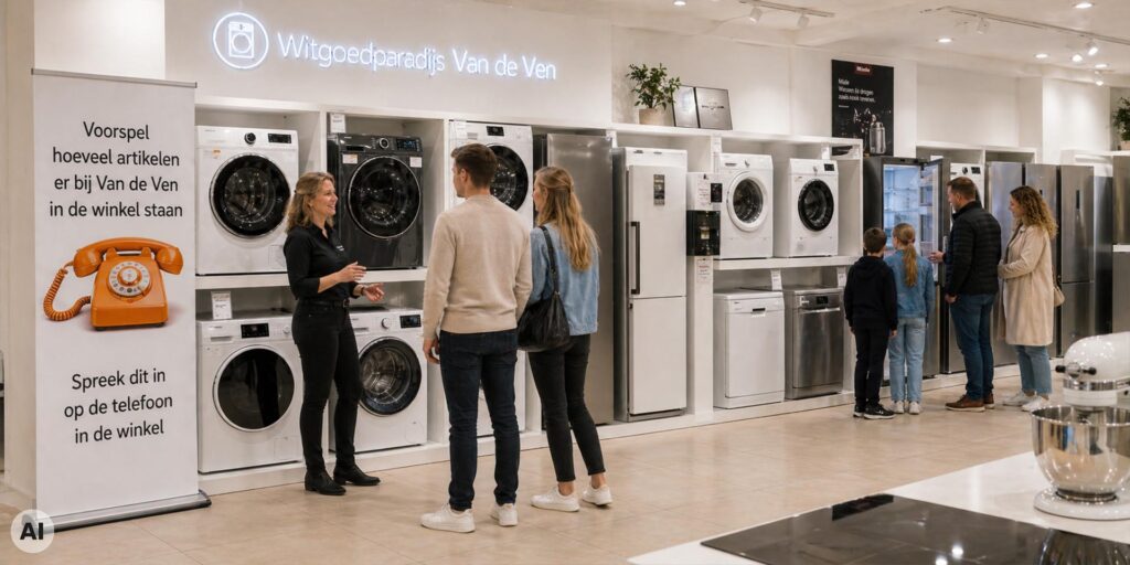 Medewerkster van Witgoedparadijs Van de Ven adviseert een stel bij een wand met wasmachines en drogers. Verderop bekijkt een gezin koelkasten. Links staat een banner met een oranje draaischijftelefoon en de oproep om te voorspellen hoeveel artikelen er in de winkel staan.