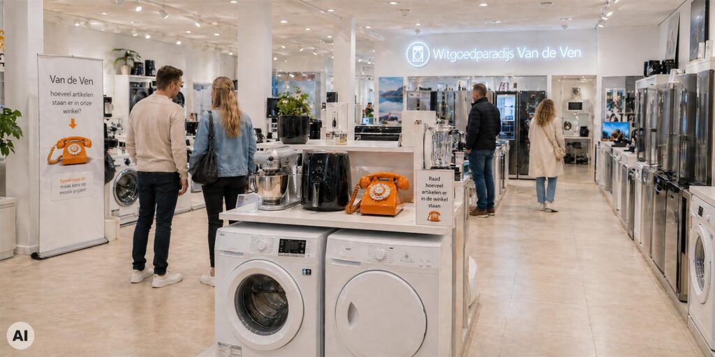 Ruime witgoedwinkel met wasmachines, drogers, koelkasten en keukenapparatuur. Op een centrale display staat een opvallende oranje draaischijftelefoon met een bord dat bezoekers uitnodigt te raden hoeveel artikelen er in de winkel staan. Meerdere klanten lopen en kijken rond.