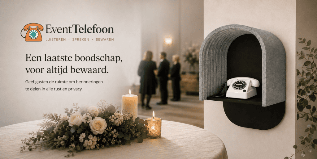 Sfeervolle uitvaartlocatie met bloemen en kaarsen, waar een witte retro telefoon in een akoestische nis staat zodat gasten in alle rust een persoonlijke herinnering of laatste boodschap kunnen inspreken.