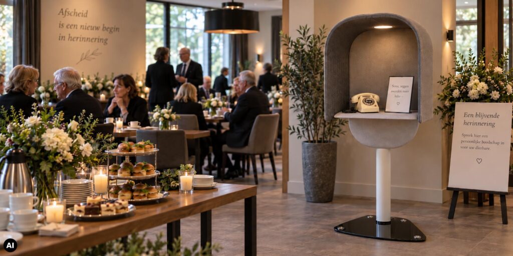Moderne ontvangstruimte tijdens een afscheid, met gasten in donkere kleding aan tafels met koffie, hapjes, bloemen en kaarsen. Rechts staat een akoestische spraakcabine met herinneringstelefoon, waarmee bezoekers in alle rust een persoonlijke boodschap of herinnering kunnen inspreken.