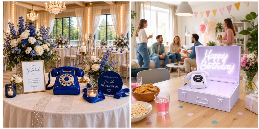 Twee feestelijke opstellingen met retro telefoons als audiogastenboek: links een chique bruiloftstafel met blauwe telefoon en bloemen, rechts een verjaardagsfeest met een witte telefoon in een lila koffer met neonbord ‘Happy Birthday’.