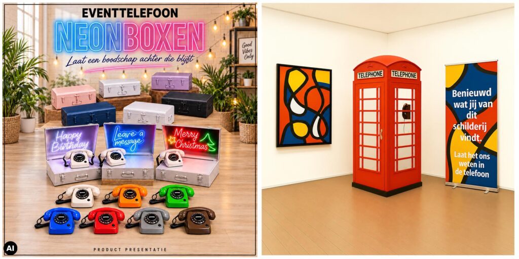 Presentatie van Eventtelefoon met kleurrijke retro telefoons en neonboxen voor het inspreken van persoonlijke boodschappen. Rechts staat een rode telefooncel in een expositieruimte, waar bezoekers via de telefoon hun mening over een schilderij kunnen achterlaten.