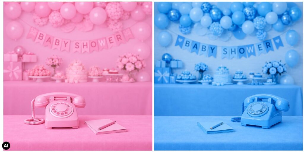 Splitbeeld van een babyshower in roze en blauw, met ballonnen, cadeaus en gebak. Op de voorgrond staan twee retro draaischijftelefoons, elk met een notitieboekje en pen, als feestelijk eventtelfoon