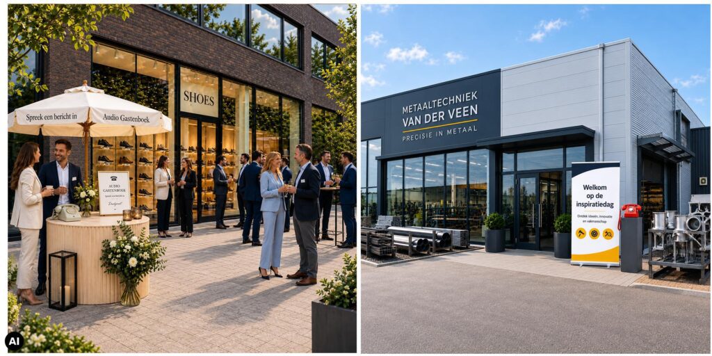 Zakelijke evenementen bij bedrijven met een retro audiogastenboek: links een netwerkbijeenkomst bij een schoenenwinkel met gasten en een telefoonopstelling, rechts een bedrijfsgebouw met welkomstbord en een rode telefoon bij de entree.