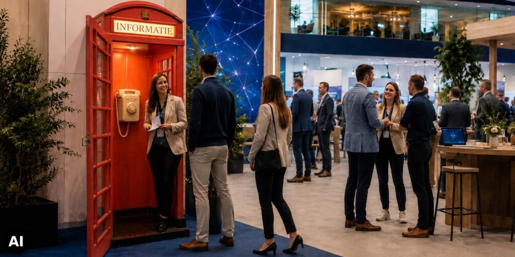 Op een zakelijke beurs staat een rode telefooncel met het opschrift “INFORMATIE”. Een vrouw staat in de telefooncel naast een ouderwetse telefoon en praat met bezoekers, terwijl verderop meerdere mensen in kleine groepjes netwerken bij beursstands.
