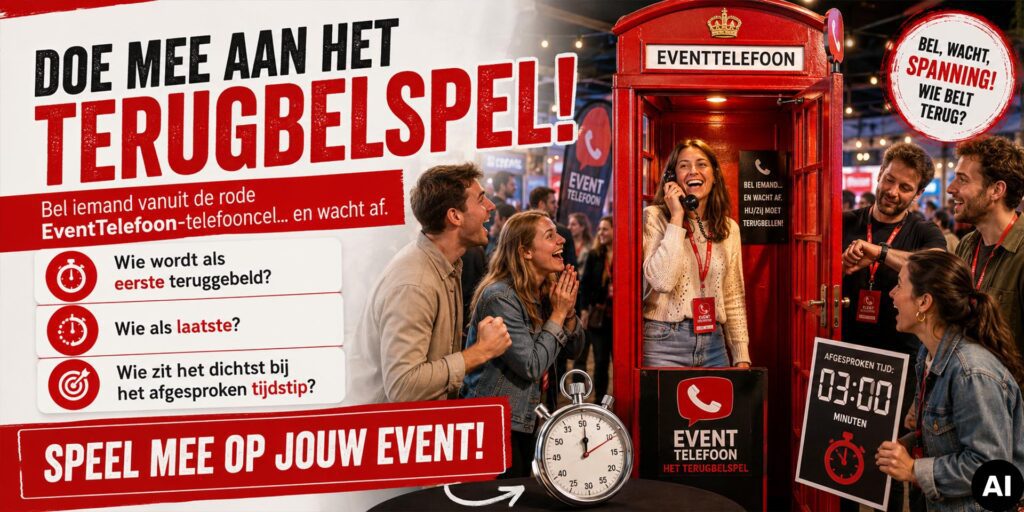 Promotiebeeld voor het EventTelefoon-terugbelspel op een evenement. Een vrouw staat lachend in een rode telefooncel met een hoorn aan haar oor, terwijl omstanders enthousiast meekijken. Links wordt uitgelegd dat deelnemers iemand bellen en voorspellen wie als eerste, laatste of het dichtst bij een afgesproken tijdstip terugbelt.