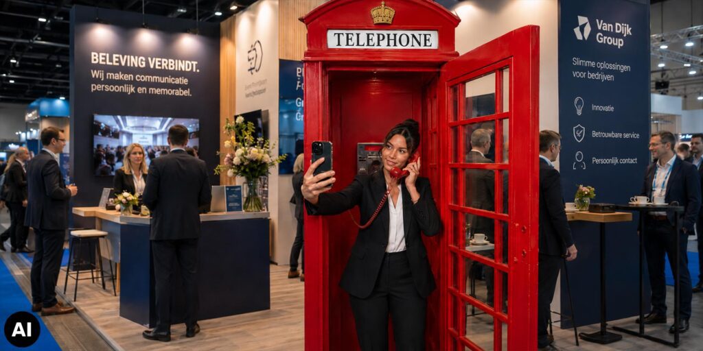 Op een zakelijke beurs staat een vrouw in pak in een rode Britse telefooncel. Ze houdt de rode telefoonhoorn aan haar oor en maakt tegelijk een selfie met haar smartphone. Rondom de telefooncel praten bezoekers bij verschillende beursstands.