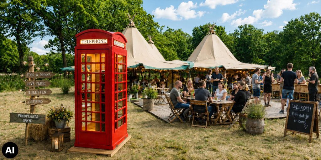 Op een groen festivalterrein staat een klassieke rode Britse telefooncel naast grote witte tenten. Rondom zitten en staan bezoekers aan houten tafels met eten en drinken. Wegwijzers, bloemen, lampjes en een welkomstbord zorgen voor een gezellige festivalsfeer.