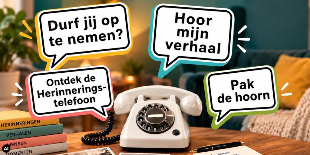 Klassieke EventTelefoon met vier kleurrijke spraakballonnen die bezoekers uitnodigen de hoorn op te pakken en de Herinneringstelefoon te ontdekken.