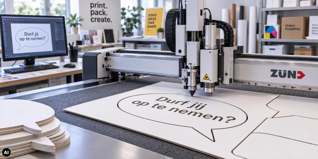 Digitale snijmachine snijdt witte kartonnen spraakballonnen met de tekst ‘Durf jij op te nemen?’ voor de EventTelefoon, in een moderne grafische werkplaats.