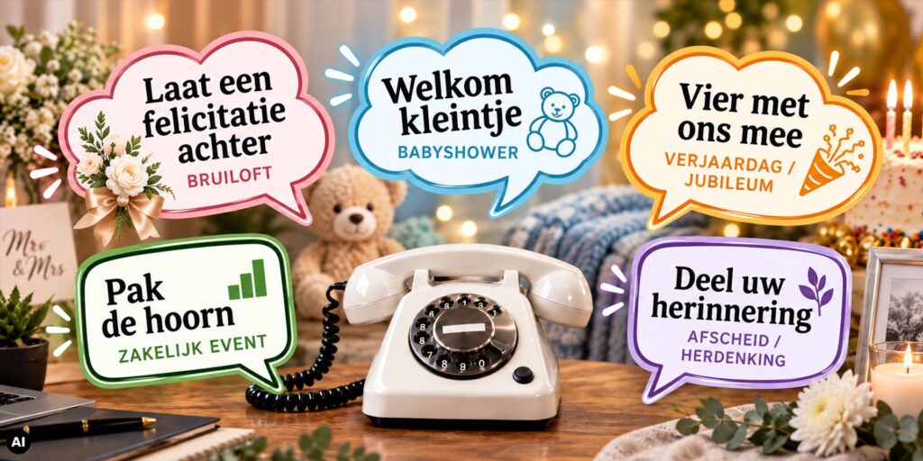 Witte EventTelefoon met vijf kleurrijke spraakballonnen voor bruiloften, babyshowers, verjaardagen, zakelijke evenementen en herdenkingen, die uitnodigen om de hoorn op te pakken