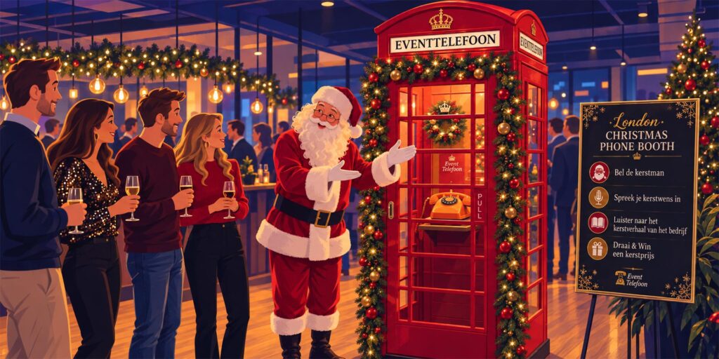 Illustratie van een rode Engelse telefooncel van EventTelefoon met kerstversiering, naast de kerstman en gasten op een bedrijfskerstfeest.