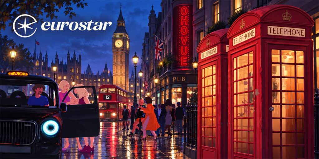 Rode Engelse telefooncel naast een tweede cel in een illustratie van Londen bij avond, met Big Ben en het Eurostar-logo.