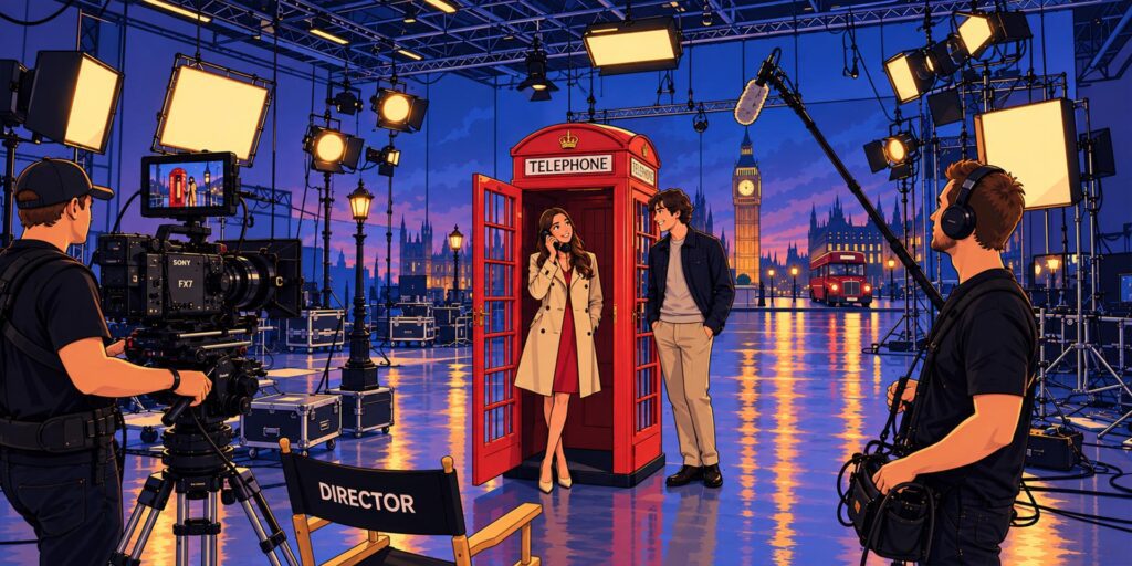 Illustratie van een rode Engelse telefooncel op een filmset met acteurs, camera’s, studiolampen en een Londens decor.