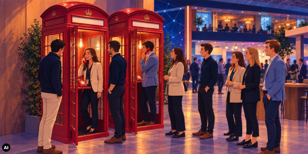 Illustratie van twee rode Engelse telefooncellen op een zakelijk evenement, waar bezoekers bellen en op hun beurt wachten.