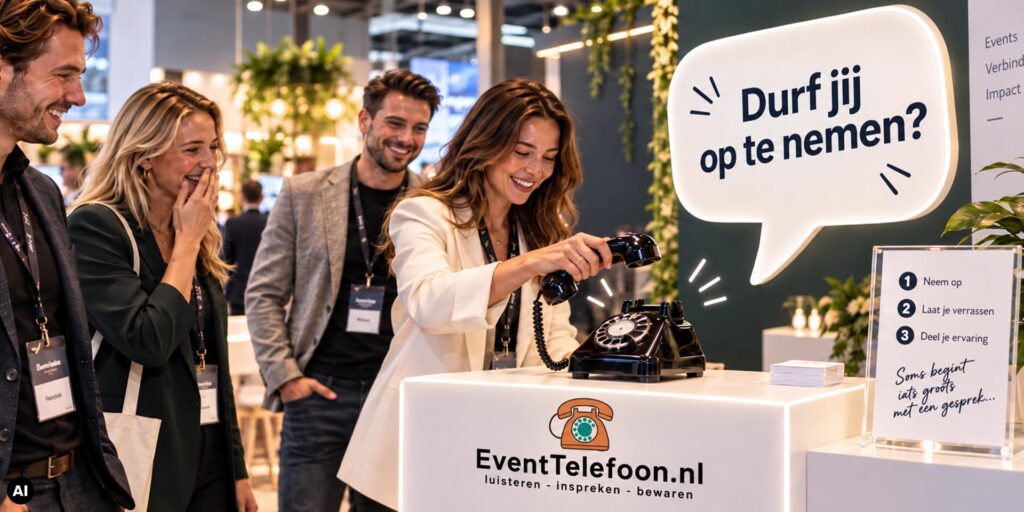 Bezoekers op een beurs bij een zwarte EventTelefoon met een grote spraakballon met de tekst ‘Durf jij op te nemen?’, die uitnodigt om de hoorn op te pakken.