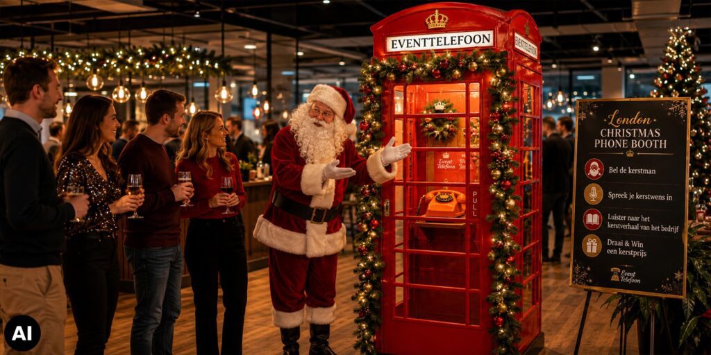 Tijdens een kerstfeest staat een kerstman naast een rood versierde EventTelefoon-telefooncel met kerstgroen, lichtjes en kerstballen. Een groep bezoekers met drankjes kijkt lachend toe. Rechts staat een bord met kerstactiviteiten, zoals de kerstman bellen, een kerstwens inspreken en een prijs winnen.