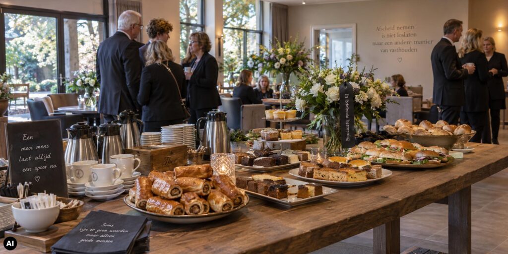 Sfeervolle koffietafel tijdens een afscheid, met een grote houten tafel vol koffie, thee, broodjes, gebak en hartige hapjes. Witte bloemstukken, kaarslicht en teksten over herinnering en afscheid zorgen voor een warme, ingetogen sfeer, terwijl gasten in donkere kleding met elkaar in gesprek zijn.
