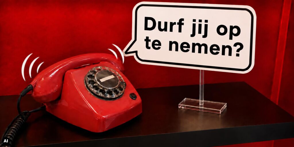 Rode EventTelefoon met rinkelende hoorn en een spraakballon met de tekst ‘Durf jij op te nemen?’, geplaatst op een transparante plexiglas standaard.