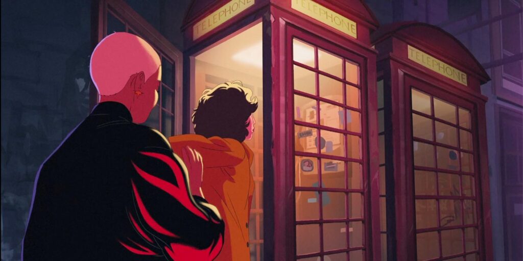 Rode Engelse telefooncel met twee personen in een kleurrijke animatiescène uit de Eurostar-commercial Together We Go Further.