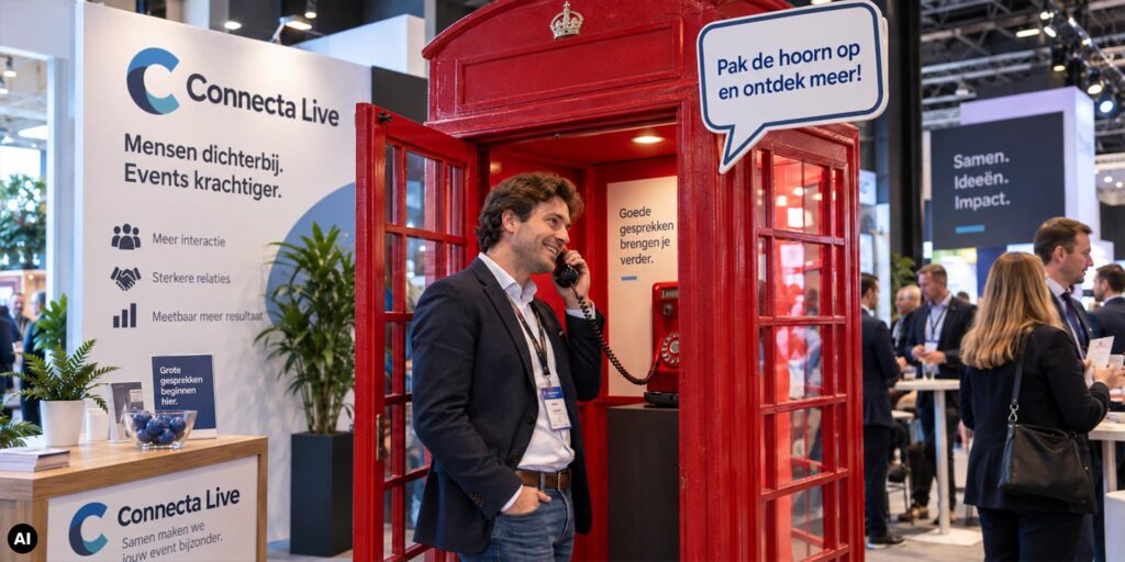 Rode Engelse EventTelefoon-telefooncel op een zakelijke beurs, met een bezoeker die de hoorn opneemt en een spraakballon met de tekst ‘Pak de hoorn op en ontdek meer!’
