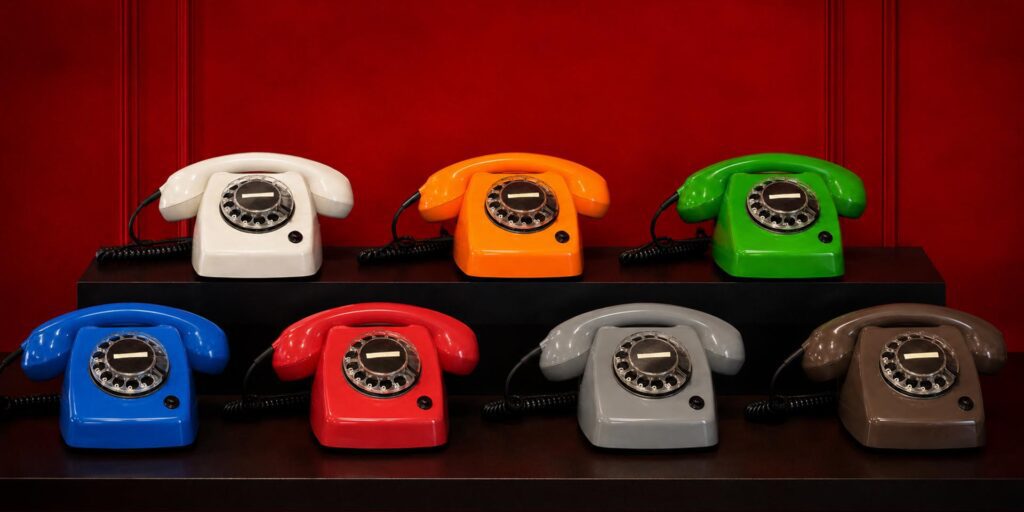 Zeven retro draaischijftelefoons als eventtelefoon in wit, oranje, groen, blauw, rood, grijs en bruin, opgesteld op zwarte plateaus tegen een dieprode achtergrond.