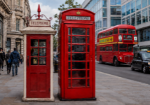 Historische rode telefooncel en Britse K6-telefooncel in een Londense winkelstraat, met rode dubbeldekker en zwarte taxi op de achtergrond.